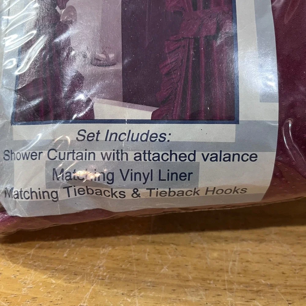 Vtg Style Burgundy Fabric Double Swag Shower Curtain Set Valance Liner 70x72